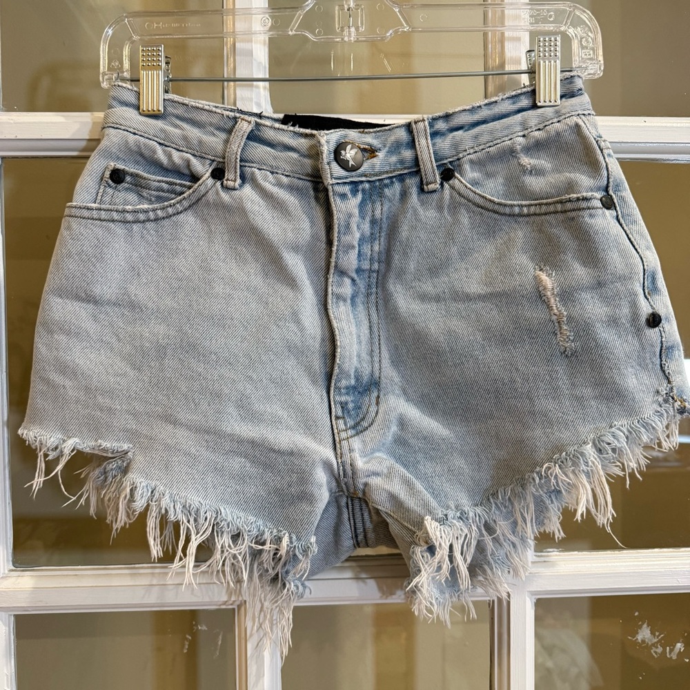 One Teaspoon High Waist Denim Shorts Distressed Raw Hem Light Wash